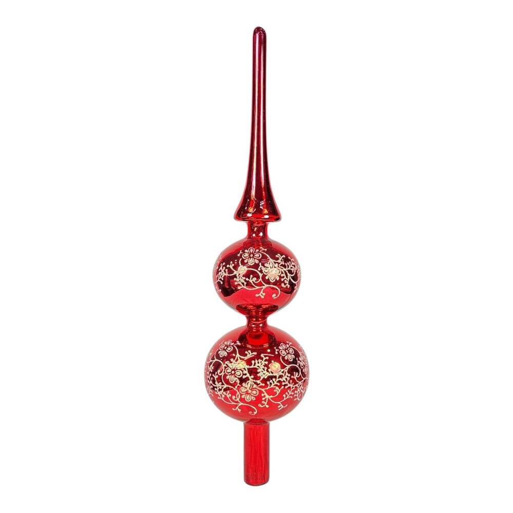 Krebs Glass Velvet Red Gold Floral Glitterlace Christmas Tree Topper Finial 13x3